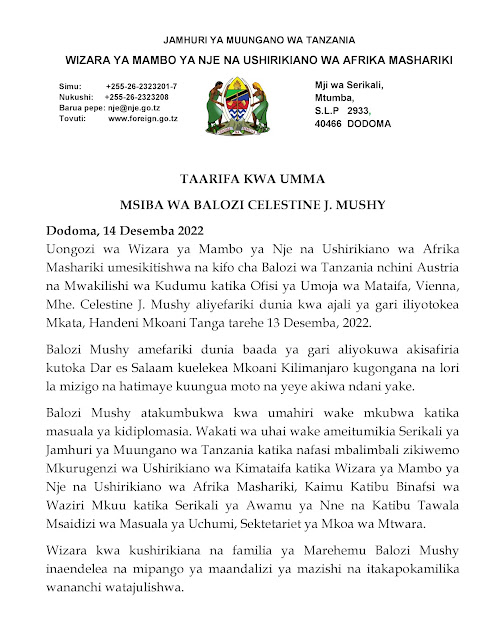 TAARIFA YA MSIBA WA BALOZI CELESTINE MUSHY