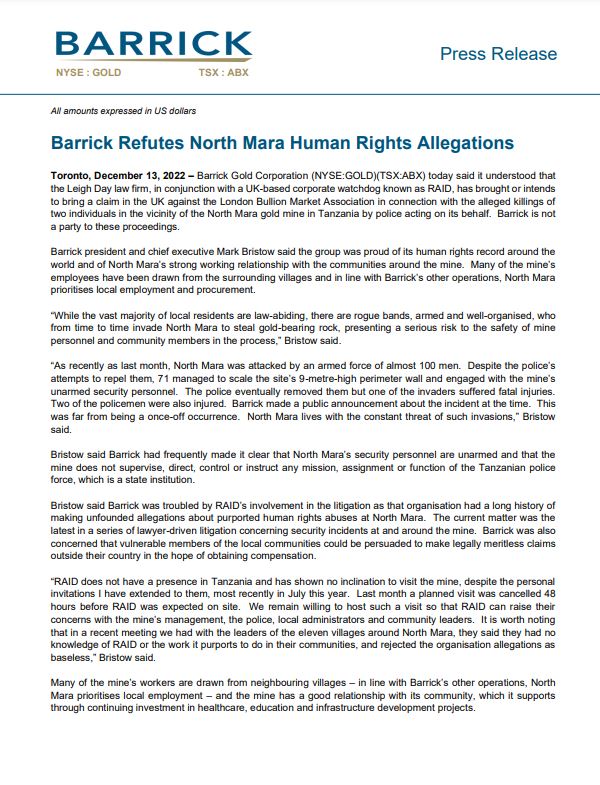 BARRICK REFUTES NORTH MARA HUMAN RIGHTS ALLEGATIONS