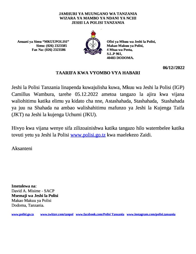 JESHI LA POLISI LATANGAZA AJIRA