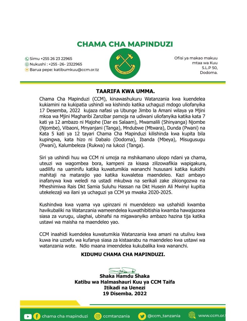 CCM YAWASHUKURU WATANZANIA KWA KUENDELEA KUIAMINI KWA KUIPATIA USHINDI WA KISHINDO KATIKA UCHAGUZI MDOGO