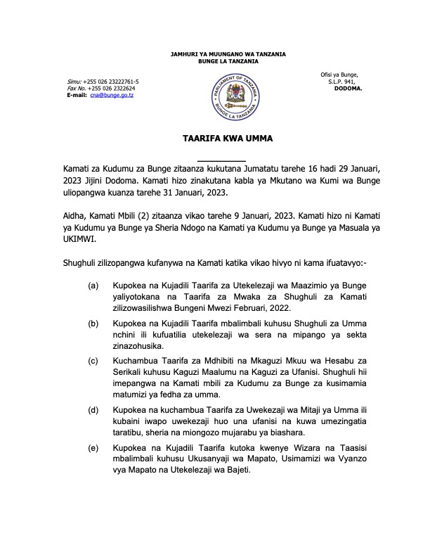 KUANZA KWA VIKAO VYA KAMATI ZA BUNGE