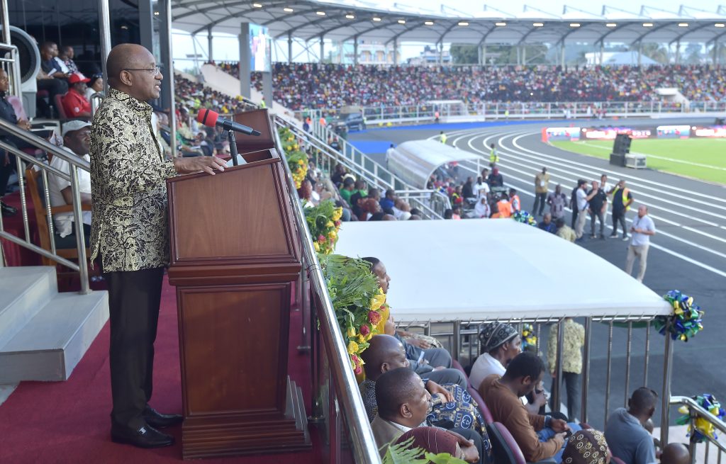 RAIS WA ZANZIBAR MHE.DK.HUSSEIN MWINYI AHUTUBIA NA KUUFUNGUA UWANJA WA MAAN ZANZIBAR IKIWA NI SHAMRASHAMRA ZA MIAKA 60 YA MAPINDUZI MATUKUFU YA ZANZIBAR