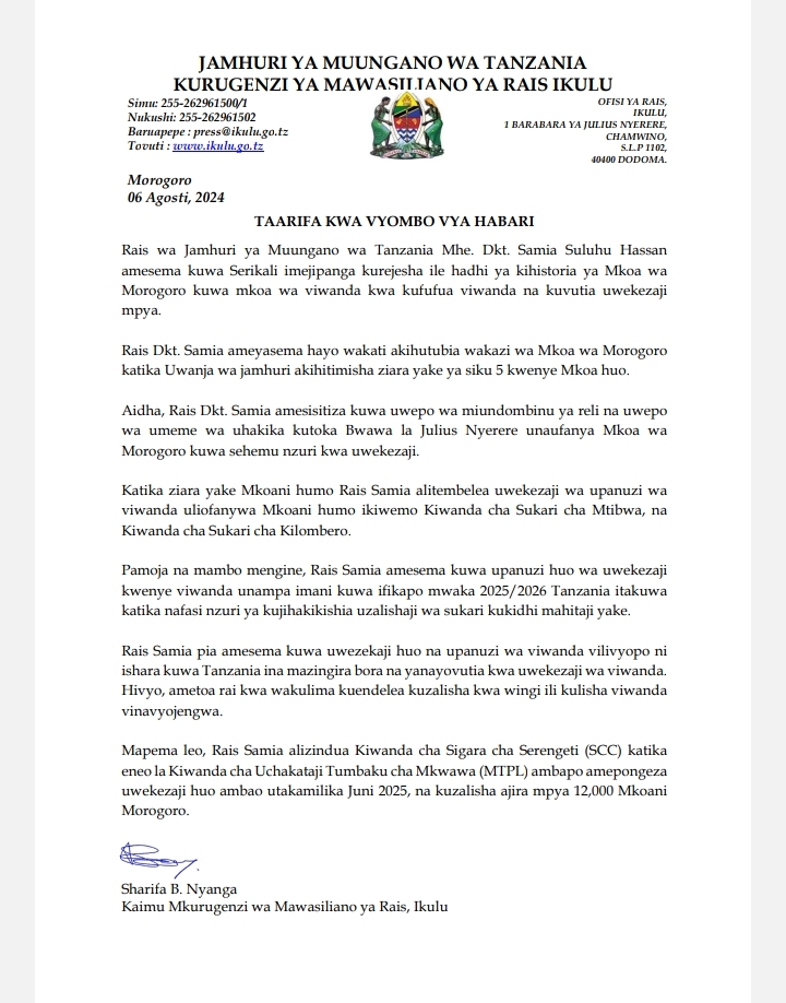 TAARIFA ILIYOTUFIKIA MUDA HUU KUTOKA IKULU