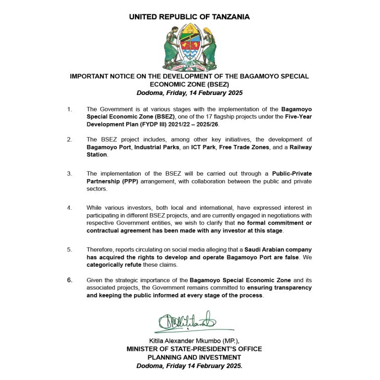 TAMKO LA SERIKALI KUHUSU UENDELEZAJI WA ENEO MAALUMU LA KIUCHUMI LA BAGAMOYO (BAGAOYO SPECIAL ECONOMIC ZONE-BSEZ)