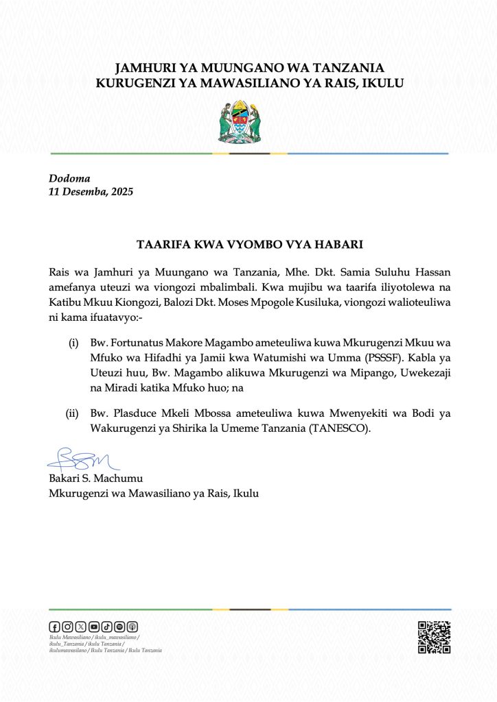 RAIS SAMIA AMTEUA MAGAMBO KUWA MKURUGENZI MKUU WA PSSSF