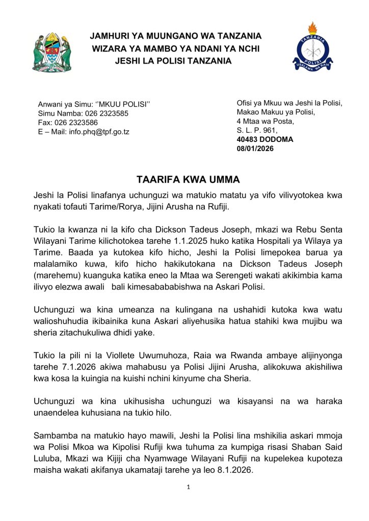 POLISI KUCHUNGUZA MATUKIO MATATU YA VIFO