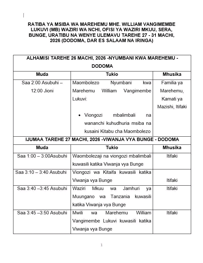 RATIBA YA MAZISHI YA MAREHEMU WILLIAM LUKUVI