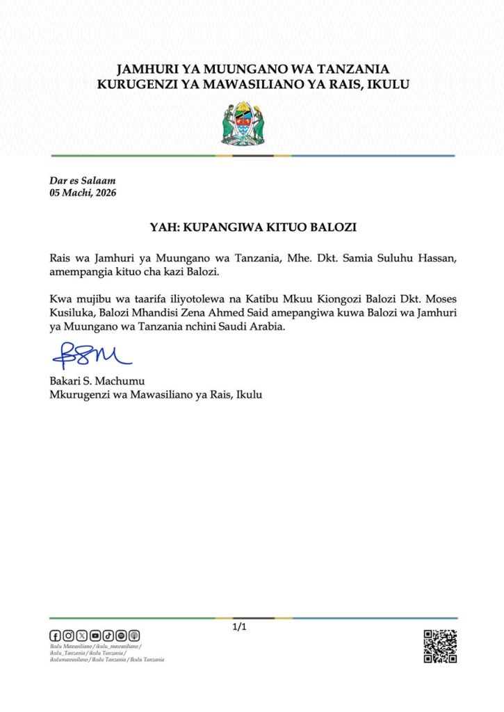 BALOZI MHE. ZENA AHMED SAID APANGIWA KITUO CHA KAZI NCHINI SAUD ARABIA