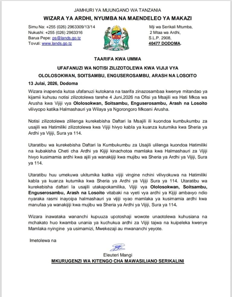 ‎UFAFANUZI WA NOTISI ZILIZOTOLEWA KWA VIJIJI VYA OLOLOSOKWAN, SOITSAMBU, ENGUSEROSAMBU, ARASH NA LOSOITO