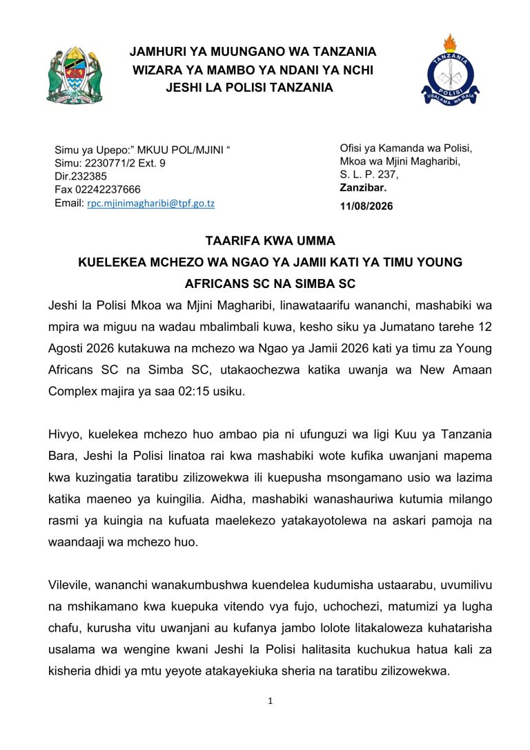 TAARIFA ILIYOTUFIKIA KUHUSU  USALAMA KUELEKEA MCHEZO WA SIMBA NA YANGA